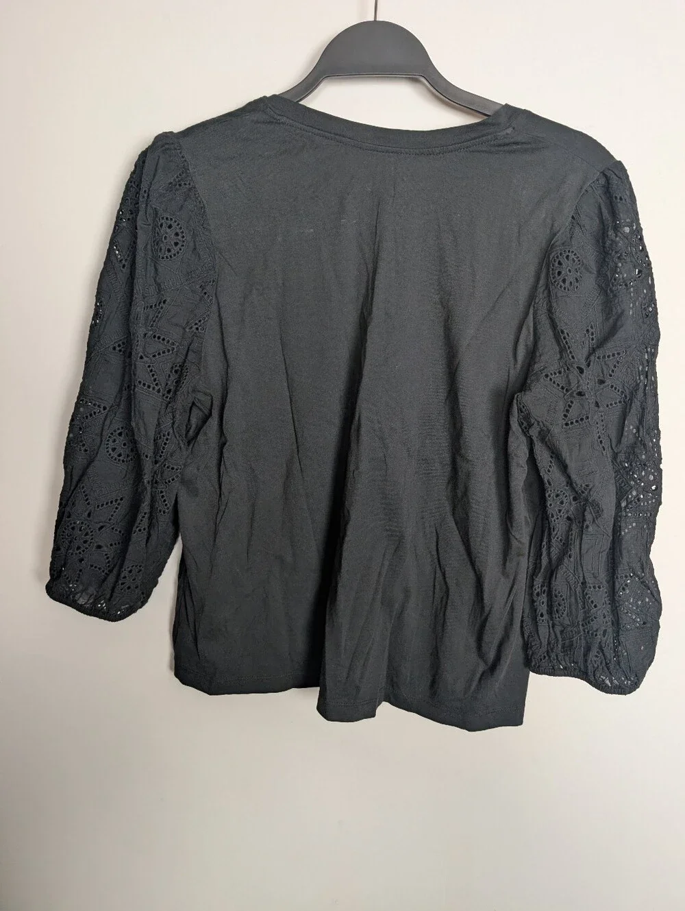 Johnny Was Nora Long Sleeve Easy Tee Black Eyelet Puff Sleeve Top Size Medium